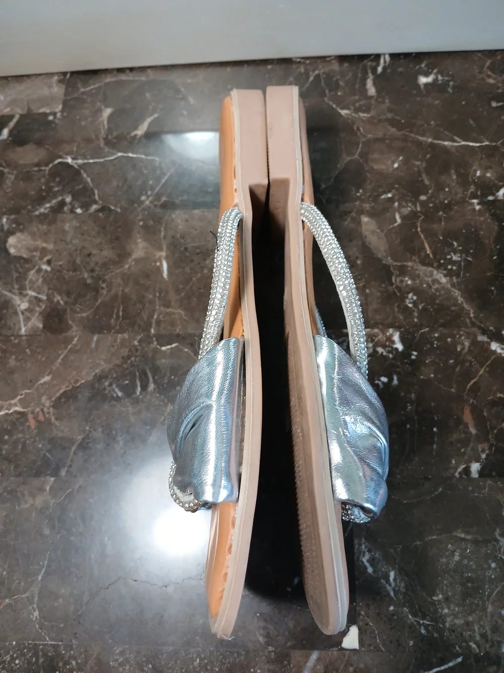 Rouge Helium Silver Bow Slide Sandals - Women's Metallic Slip-On
